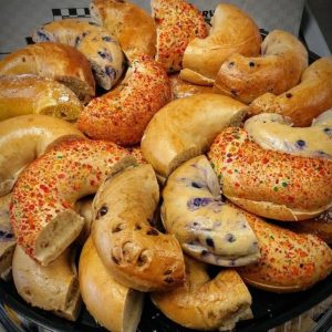 Freshly baked bagels with toppings